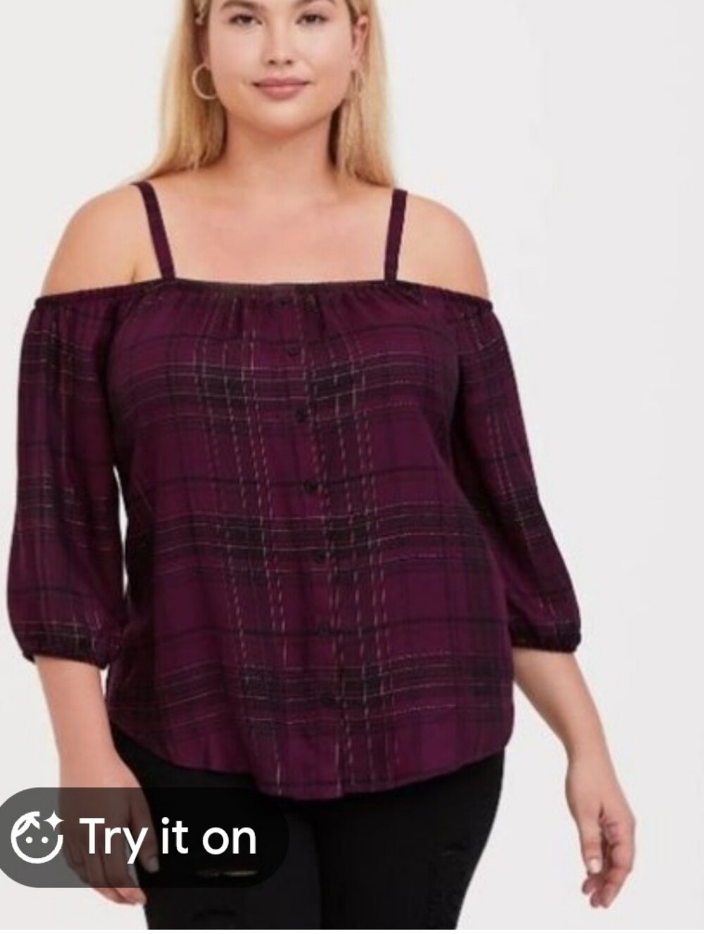 torrid Plum Plaid Off-Shoulder Button Blouse